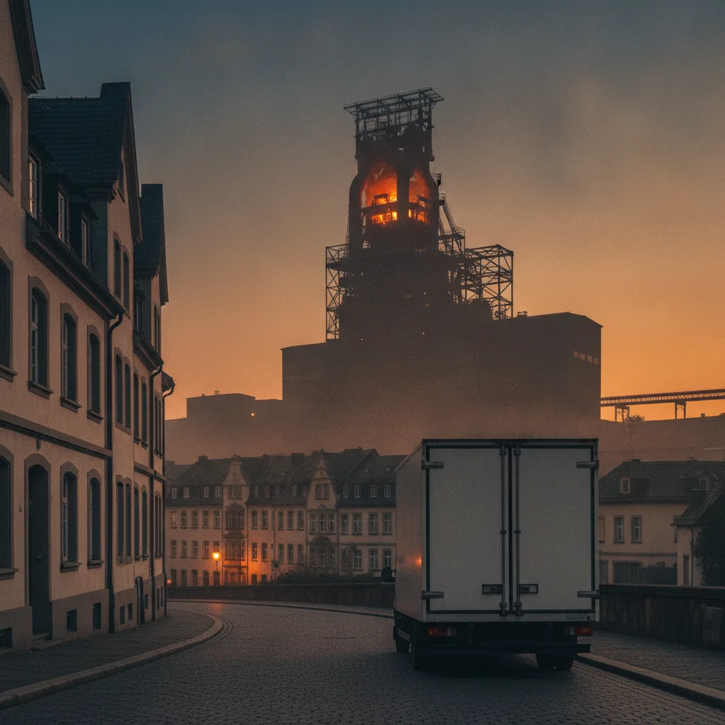 Beiladung ab Saarbrücken – Transporter vor der Völklinger-Hütten-Silhouette