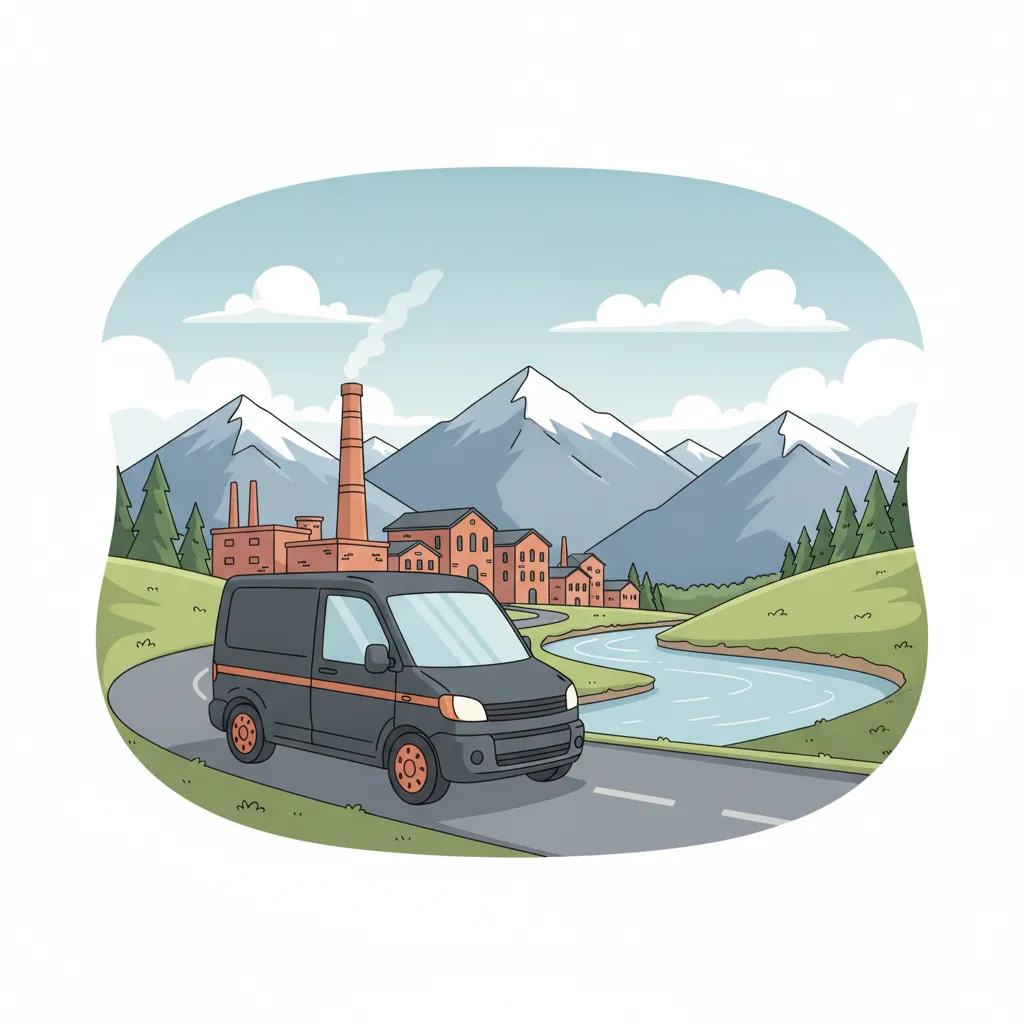 Comic-Illustration: kleiner anthrazitfarbener Transporter fährt von Saarbrücken mit Industriekulisse Richtung Schweizer Alpenpanorama - Beiladung in die Schweiz ab Saarbrücken