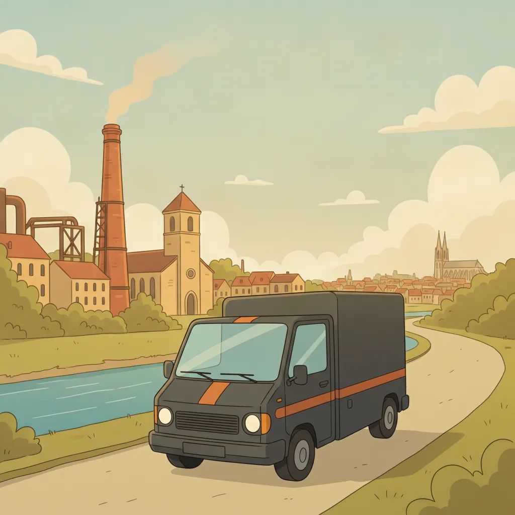 Comic-Illustration: kleiner anthrazitfarbener Transporter fährt von Saarbrücken mit Saar und Industriekulisse Richtung französischer Stadt - Beiladung nach Frankreich ab Saarbrücken