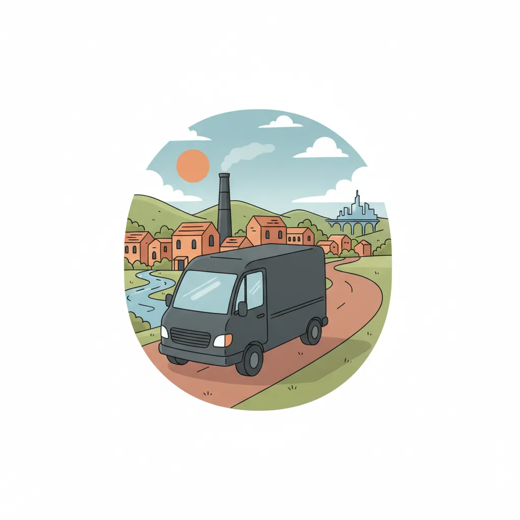 Comic-Illustration: kleiner anthrazitfarbener Transporter fährt von Saarbrücken mit Industriekulisse Richtung Luxemburger Hochhäuser - Beiladung nach Luxemburg ab Saarbrücken