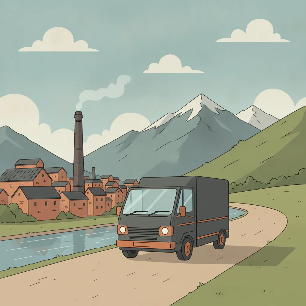 Comic-Illustration: kleiner anthrazitfarbener Transporter fährt von Saarbrücken mit Industriekulisse Richtung österreichischem Alpenpanorama - Beiladung nach Österreich ab Saarbrücken