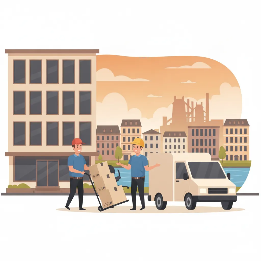 Comic-Illustration: zwei Träger bringen gestapelte Umzugskisten mit Akten und einen Bürostuhl auf einer Sackkarre zu einem geschlossenen Kastenwagen vor einem Saarbrücker Bürogebäude, im Hintergrund die Silhouette der Völklinger Hütte - Büroumzug in Saarbrücken