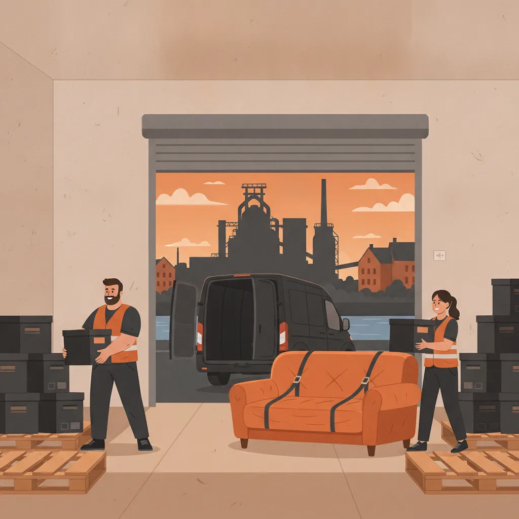 Comic-Illustration: zwei Träger stapeln gepolsterte Umzugskartons und ein in Decken gehülltes Sofa in einer trockenen Lagerbox, daneben ein geschlossener Kastenwagen, im Hintergrund die anthrazitfarbene Hochofen-Silhouette der Völklinger Hütte – Einlagerung in Saarbrücken