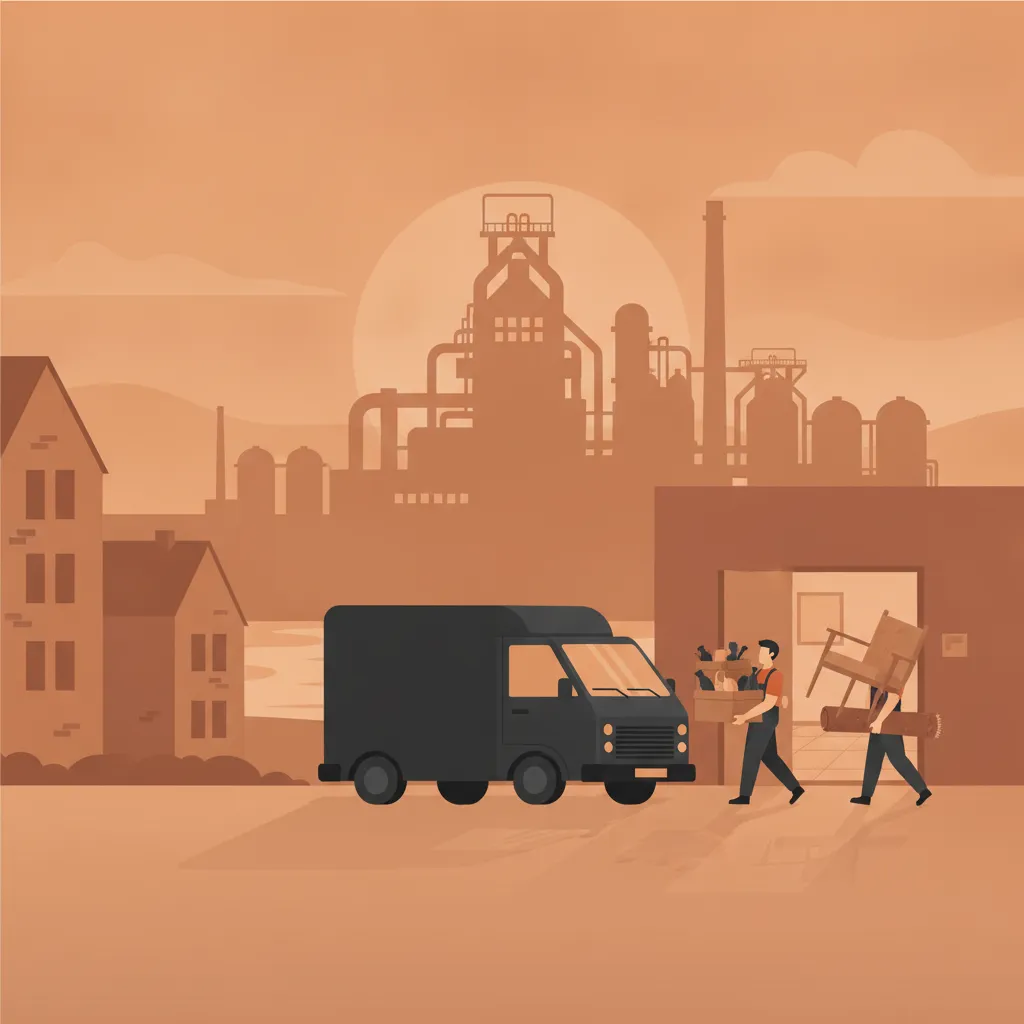 Comic-Illustration: zwei Helfer tragen Kisten mit altem Hausrat und ein ausgedientes Möbelstück aus einem Altbau-Hauseingang in einen geschlossenen Kastenwagen, im Hintergrund die anthrazitfarbene Hochofen-Silhouette der Völklinger Hütte – Entrümpelung in Saarbrücken