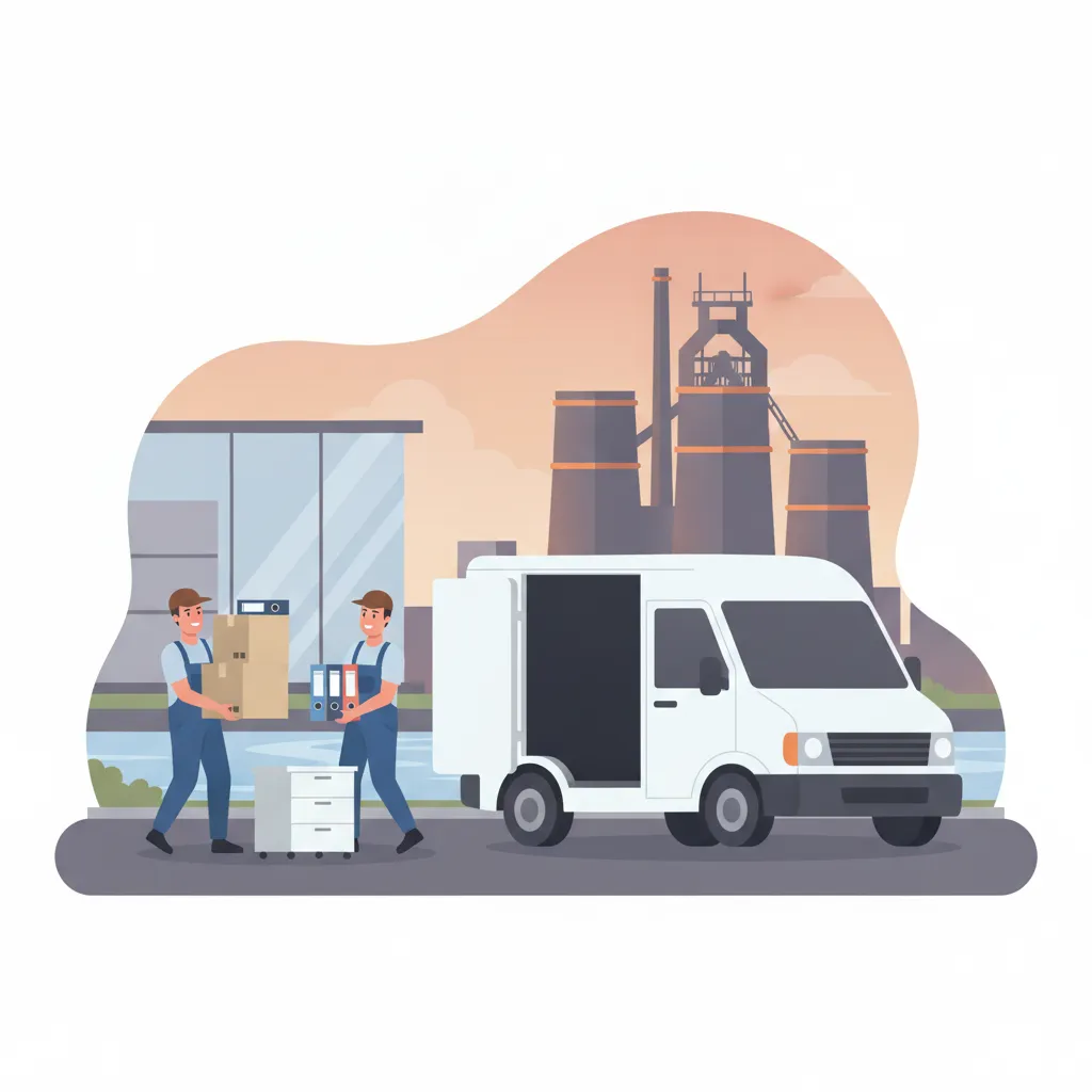 Comic-Illustration: zwei Träger verladen beschriftete Bürokartons, Aktenordner und einen Rollcontainer in einen geschlossenen weißen Kastenwagen vor einem Saarbrücker Bürohaus, im Hintergrund die Saar und ein Industriedenkmal aus Stahl - Firmenumzug in Saarbrücken