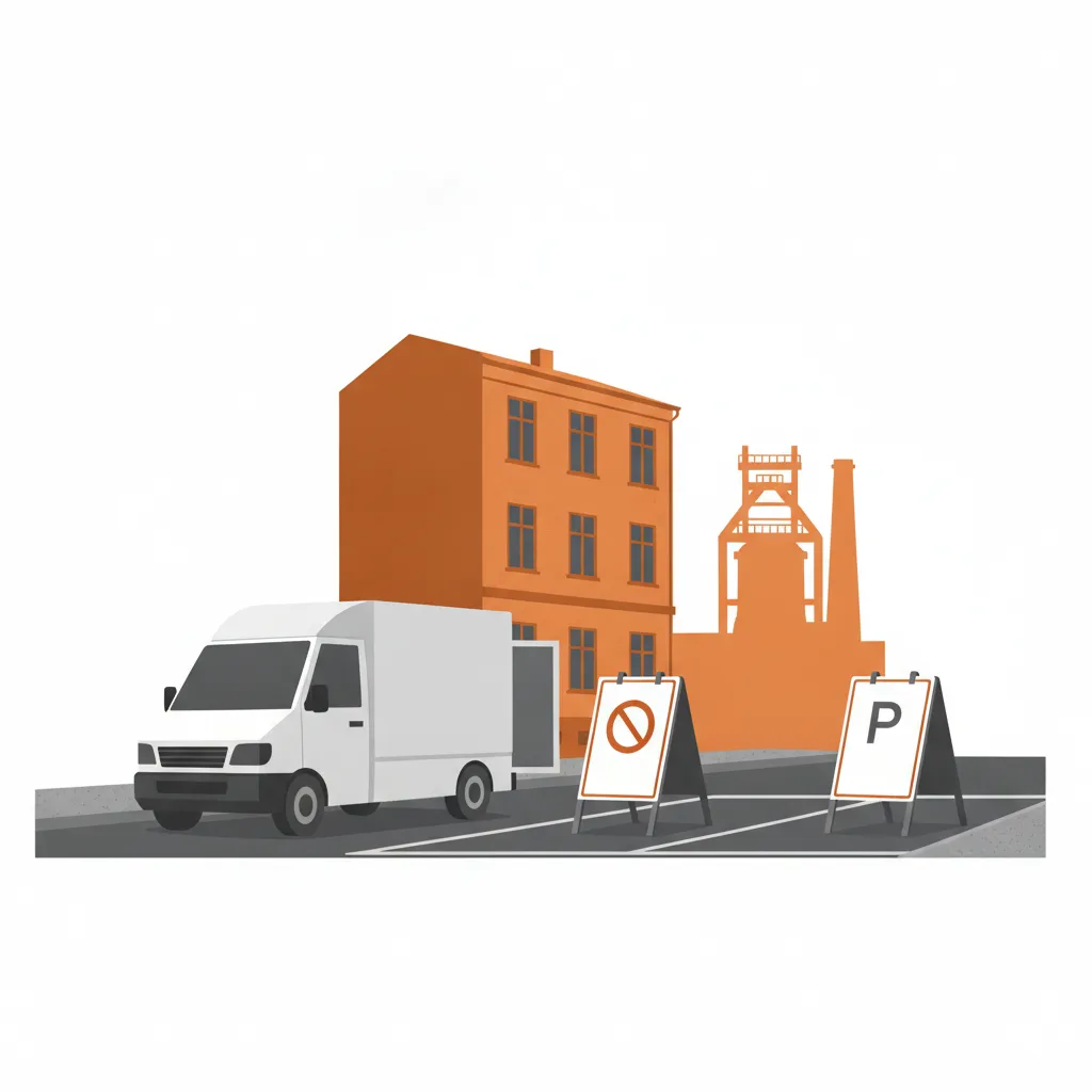 Comic-Illustration: zwei mobile Halteverbotsschilder mit freier Parklücke vor einem Saarbrücker Altbau, im Hintergrund die Silhouette eines alten Hochofens, ein weißer Transporter fährt heran - mobiles Halteverbot für den Umzug in Saarbrücken
