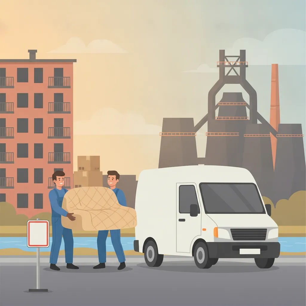 Comic-Illustration: zwei Träger verladen gepolsterte Umzugskartons und ein Sofa in einen geschlossenen weißen Kastenwagen vor einem Saarbrücker Mehrfamilienhaus, im Vordergrund ein mobiles Halteverbotsschild, im Hintergrund die Saar und eine Stahlhütten-Silhouette - Jobcenter-Umzug in Saarbrücken