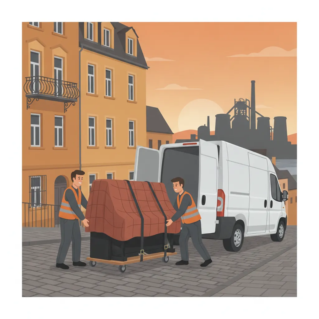 Comic-Illustration: zwei Träger bewegen ein in Decken gepacktes Klavier auf einem Klavierroller zu einem geschlossenen Kastenwagen vor einem Saarbrücker Gründerzeit-Altbau am Hang, im Hintergrund die Silhouette der Völklinger Hütte - Klaviertransport in Saarbrücken