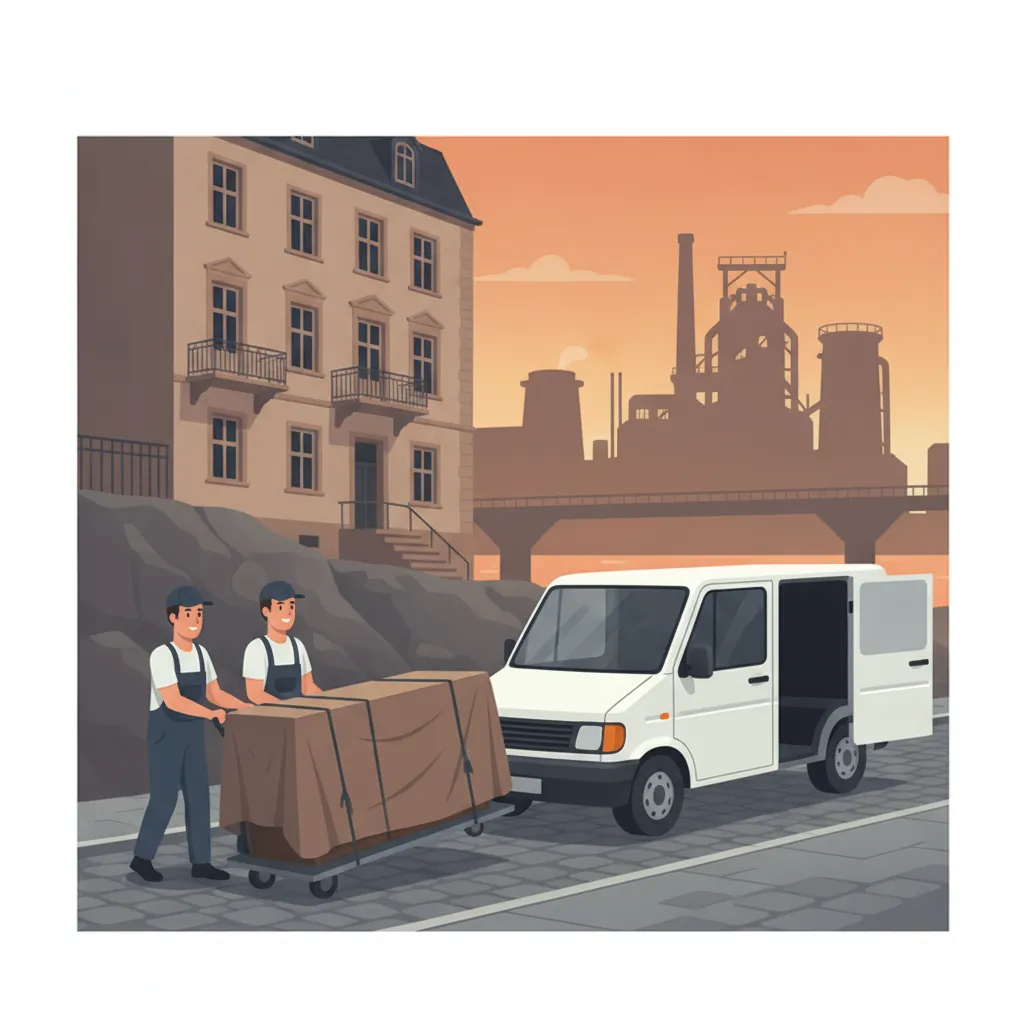 Comic-Illustration: zwei Träger schieben ein in Decken gepacktes Sideboard auf einer Sackkarre zu einem geschlossenen Kastenwagen vor einem Saarbrücker Gründerzeit-Altbau, im Hintergrund die Silhouette der Völklinger Hütte - Kleintransport in Saarbrücken