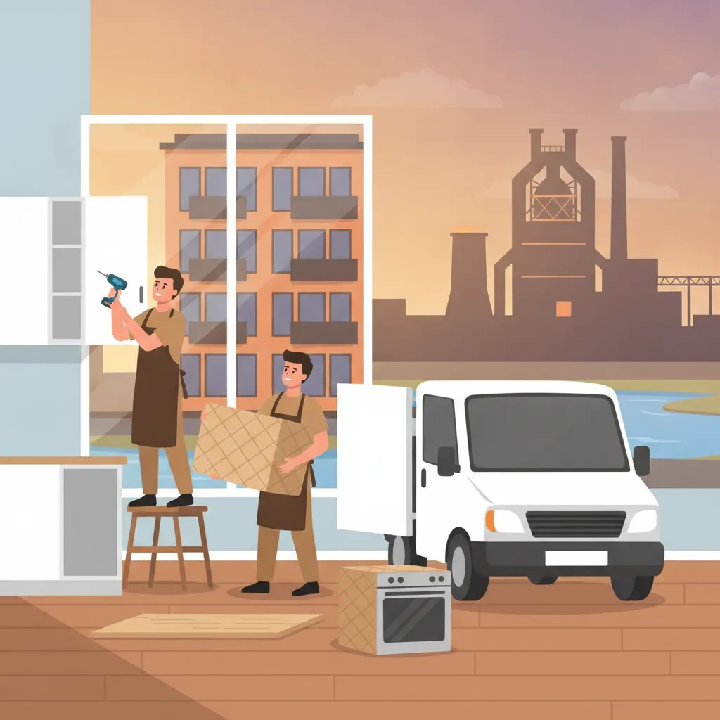 Comic-Illustration: zwei Monteure bauen eine Einbauküche mit Akkuschrauber ab und tragen einen in Decken gepackten Hängeschrank zum geschlossenen weißen Transporter vor einem Saarbrücker Gründerzeit-Altbau, im Hintergrund die Saar und eine Stahlhütten-Silhouette - Küchenumzug in Saarbrücken