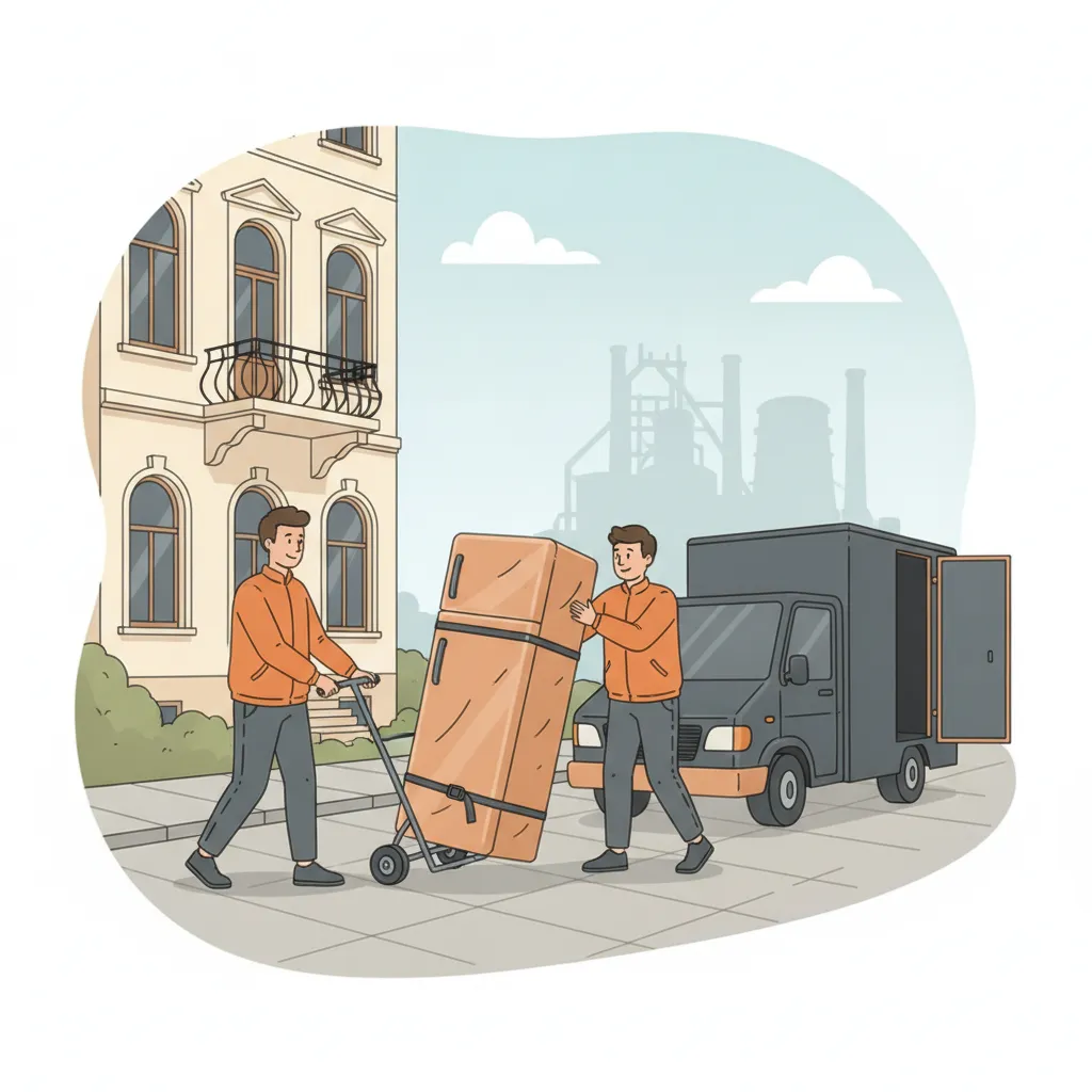 Comic-Illustration: zwei Träger bewegen einen stehend gesicherten Kühlschrank auf einer Sackkarre zum Transporter vor einem Saarbrücker Gründerzeit-Altbau in St. Johann – Kühlschrank Transport in Saarbrücken
