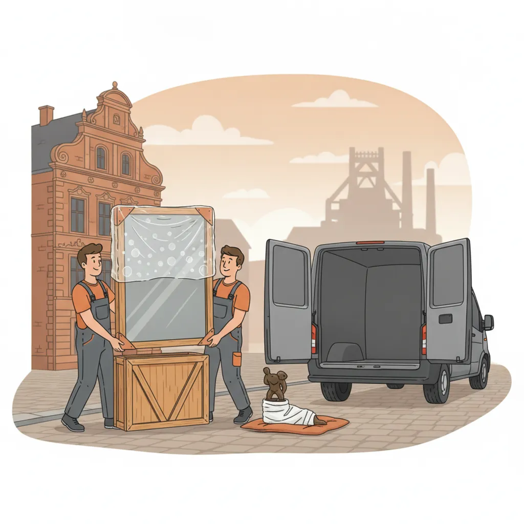 Comic-Illustration: zwei Träger tragen ein in Luftpolster und Holzkiste verpacktes gerahmtes Gemälde aufrecht zu einem Transporter vor einem Saarbrücker Barock-Bürgerhaus, daneben eine eingeschäumte Skulptur – Kunsttransport in Saarbrücken