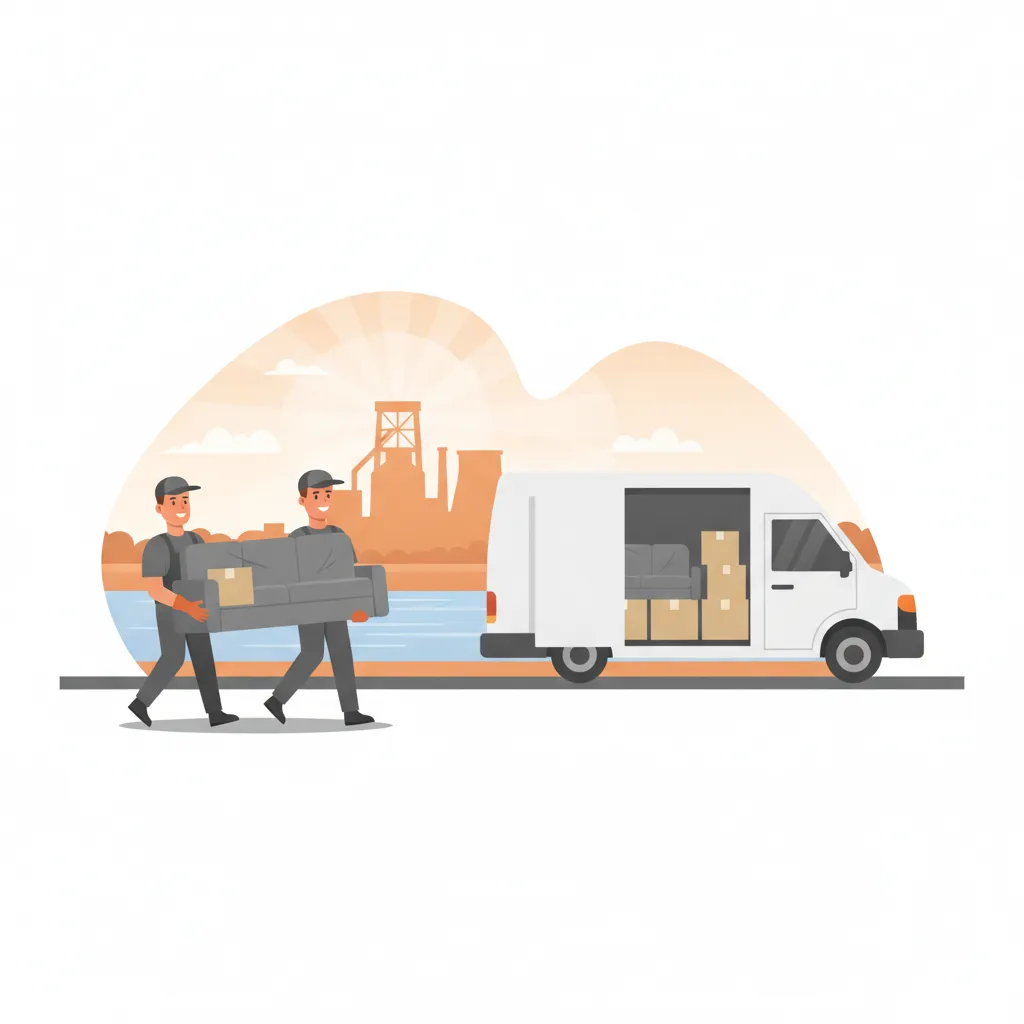 Comic-Illustration: zwei Träger laden ein gepolstertes Sofa als Beiladung in einen halb gefüllten weißen Kastenwagen, im Hintergrund die Saar und die Silhouette eines alten Hochofens der Industriekultur in Saarbrücken - Möbelmitfahrzentrale Saarbrücken