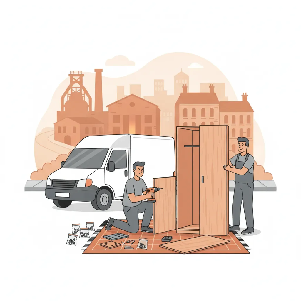 Comic-Illustration: ein Handwerker schraubt mit dem Akkuschrauber einen Kleiderschrank zusammen, neben ihm liegen Bretter und Beschläge, im Hintergrund ein weißer Kastenwagen mit offenen Hecktüren vor der warmen Industriekulisse von Saarbrücken – Möbelmontage in Saarbrücken