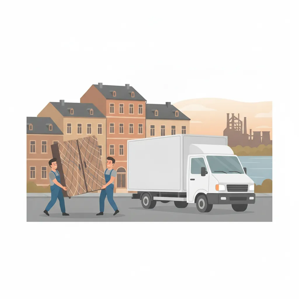 Comic-Illustration: zwei Träger einer Möbelspedition laden einen gepolsterten Schrank in einen großen weißen Möbelkoffer-Lkw an einer Saarbrücker Straße, im Hintergrund die Saar und die Silhouette eines alten Hochofens - Möbelspedition Saarbrücken