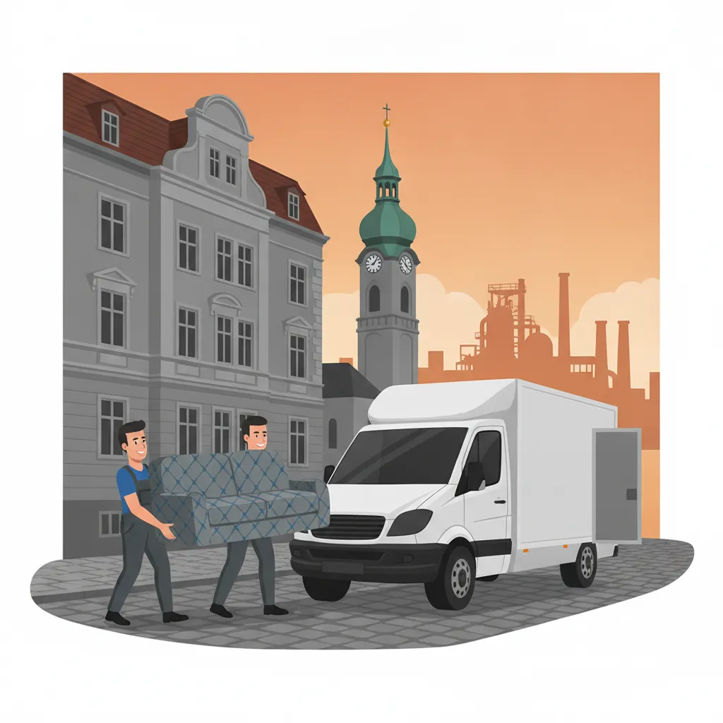 Comic-Illustration: zwei Träger laden ein gepolstertes Sofa in einen geschlossenen Kastenwagen vor einem Saarbrücker Gründerzeit-Altbau, im Hintergrund die Ludwigskirche und die Silhouette der Völklinger Hütte - Möbeltaxi in Saarbrücken