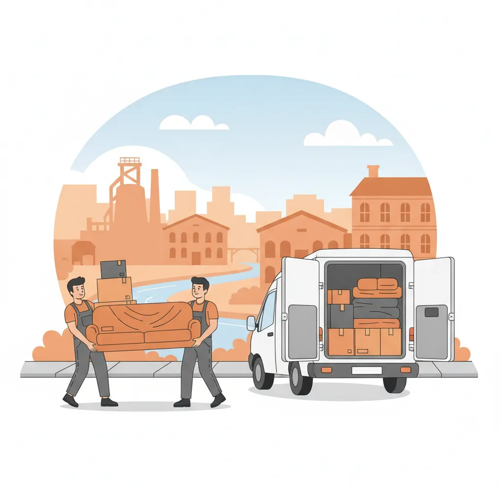 Comic-Illustration: zwei Träger laden gepolsterte Möbel und Umzugskartons in einen weißen Kastenwagen mit offenen Hecktüren, im Hintergrund die warme Industriekulisse von Saarbrücken mit Hochofen-Silhouette an der Saar – Privatumzug in Saarbrücken