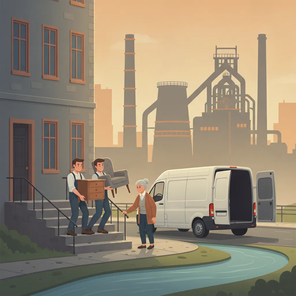 Comic-Illustration: zwei einfühlsame Umzugshelfer tragen behutsam eine Kommode aus einem Saarbrücker Gründerzeit-Altbau, eine ältere Dame schaut ruhig zu, im Hintergrund die Silhouette der Völklinger Hütte und die Saar – Seniorenumzug in Saarbrücken