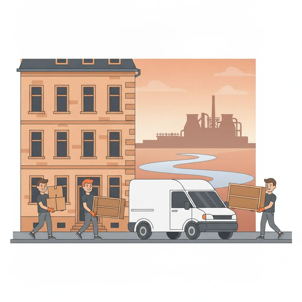 Comic-Illustration: drei junge Umzugshelfer tragen Umzugskartons und ein Bücherregal aus einem Saarbrücker Gründerzeit-Altbau zu einem weißen Transporter, im Hintergrund die Saar und die Silhouette eines alten Hochofens – studentische Umzugshelfer in Saarbrücken