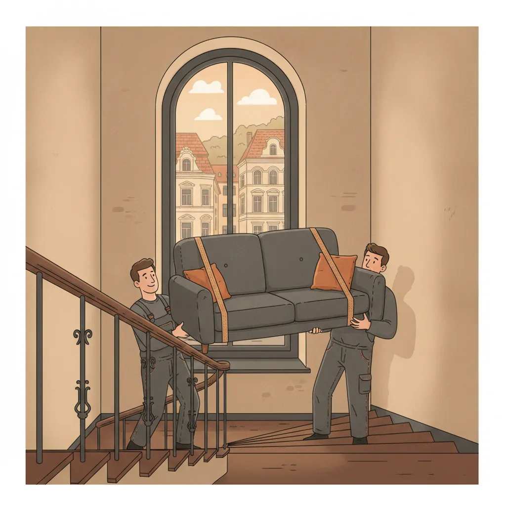 Comic-Illustration: zwei Helfer in Arbeitskleidung tragen mit Tragegurten gemeinsam ein Sofa die enge Treppe eines Saarbrücker Gründerzeit-Altbaus hinab, ohne Fahrzeug – Tragehilfe in Saarbrücken