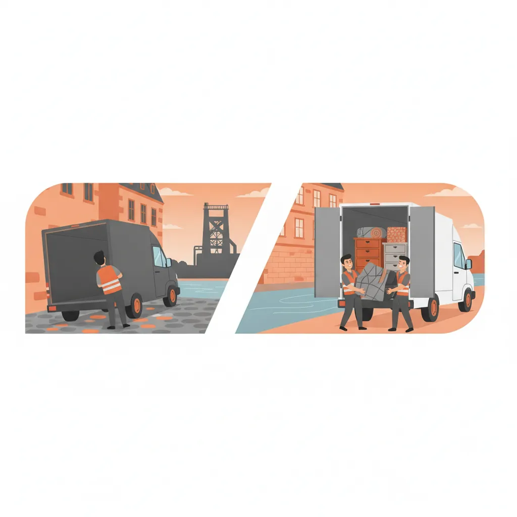 Comic-Illustration: links ein leerer Leih-Kastenwagen, den eine Person allein durch eine enge Saarbrücker Gasse manövriert, rechts ein gut gefüllter weißer Transporter mit Fahrer und Helfer vor barockem Altbau an der Saar - Transporter mieten oder mit Fahrer in Saarbrücken
