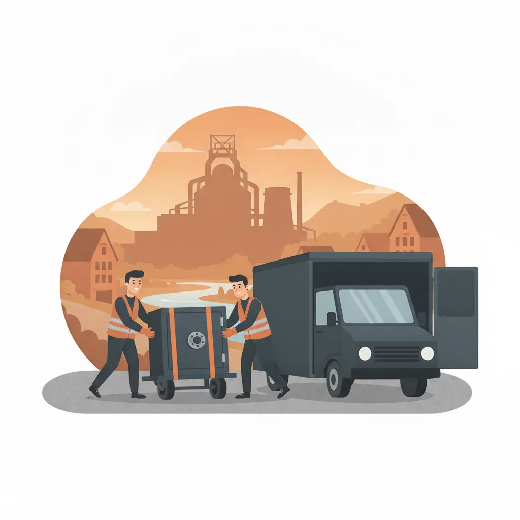 Comic-Illustration: zwei Träger bewegen einen schweren Stahltresor auf einem niedrigen Schwerlastroller zum geschlossenen Kastenwagen, im Hintergrund die anthrazitfarbene Hochofen-Silhouette der Völklinger Hütte – Tresortransport in Saarbrücken