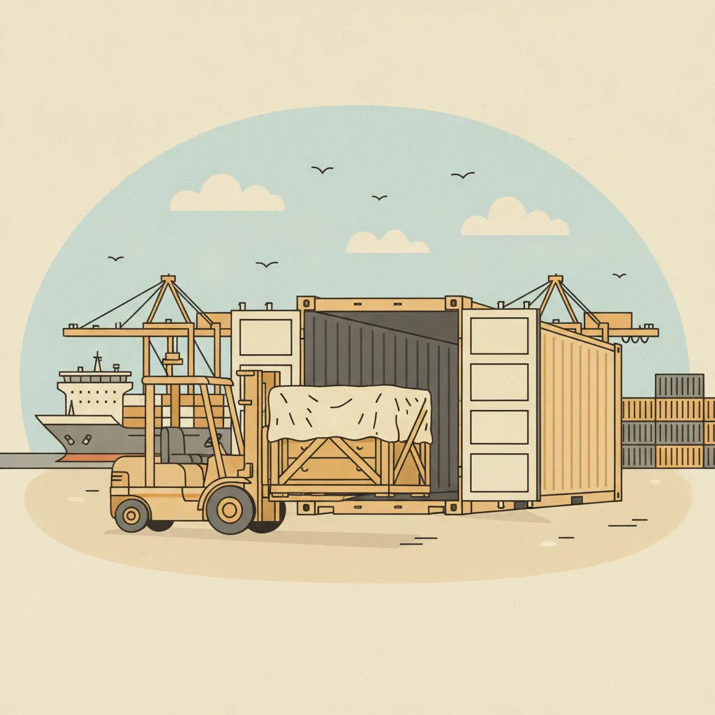 Comic-Illustration: ein Stahlcontainer wird auf einem Containerhof mit in Holzkisten verpacktem Hausrat beladen und auf einen weißen Lkw verladen, warme Industriekulisse in Kupfer- und Anthrazittönen – Überseeumzug per Container und Landtransport ab Saarbrücken