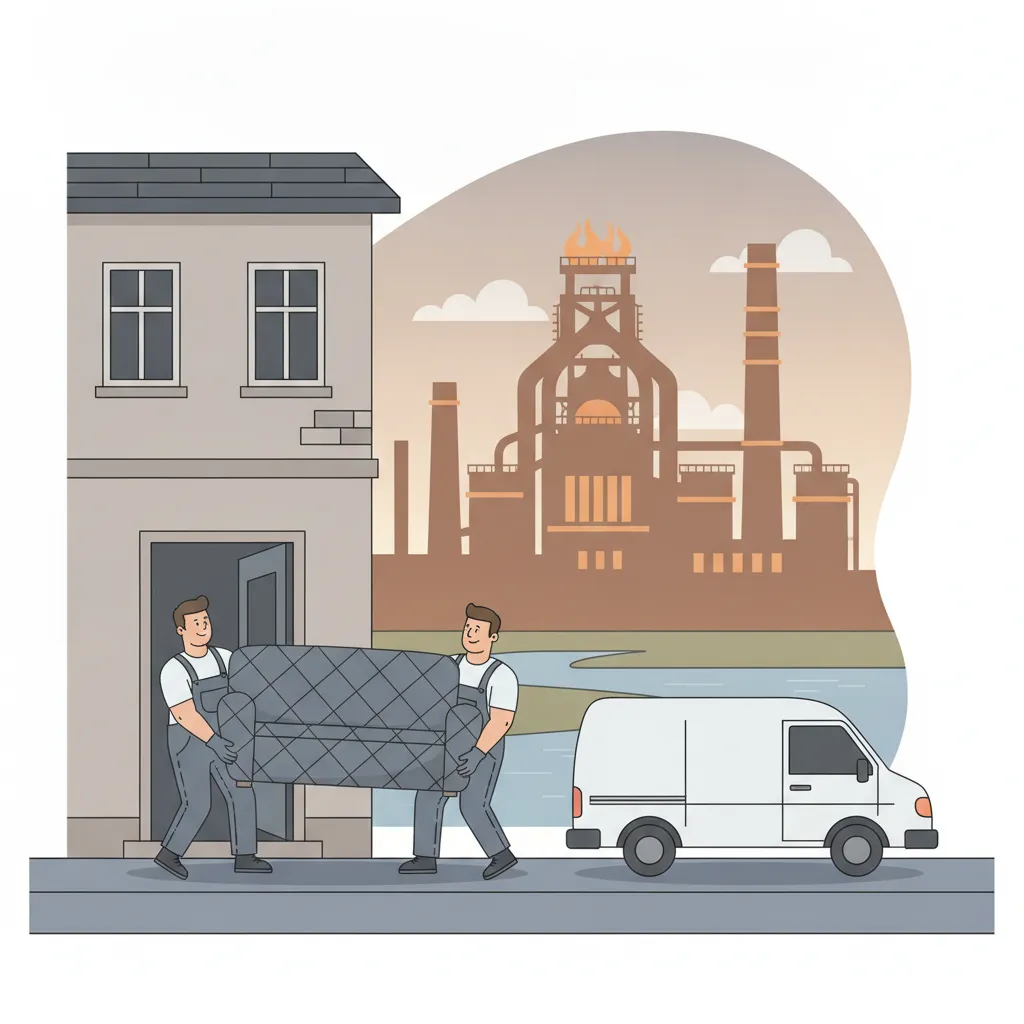 Comic-Illustration: zwei kräftige Umzugshelfer tragen gemeinsam ein gepolstertes Sofa aus einem Saarbrücker Stadthaus zum Bordstein, im Hintergrund die Saar und die Silhouette einer alten Hütte mit Schornsteinen – Umzugshelfer in Saarbrücken