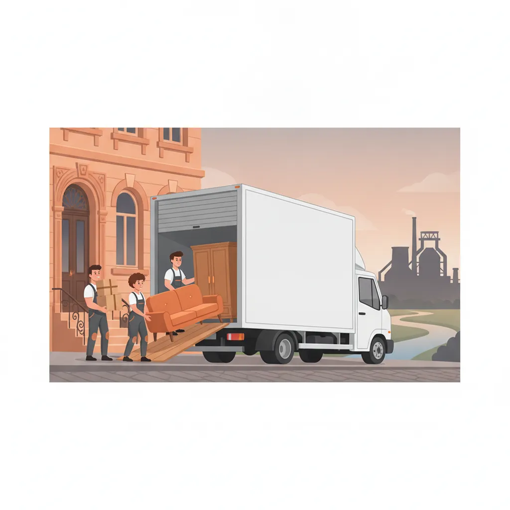 Comic-Illustration: ein Umzugsteam trägt Kartons und einen Schrank aus einem Saarbrücker Sandstein-Altbau in einen großen Umzugs-Lkw mit hohem Koffer-Aufbau, im Hintergrund die Saar und die Silhouette eines alten Hochofens – Umzugshilfe in Saarbrücken mit Lkw