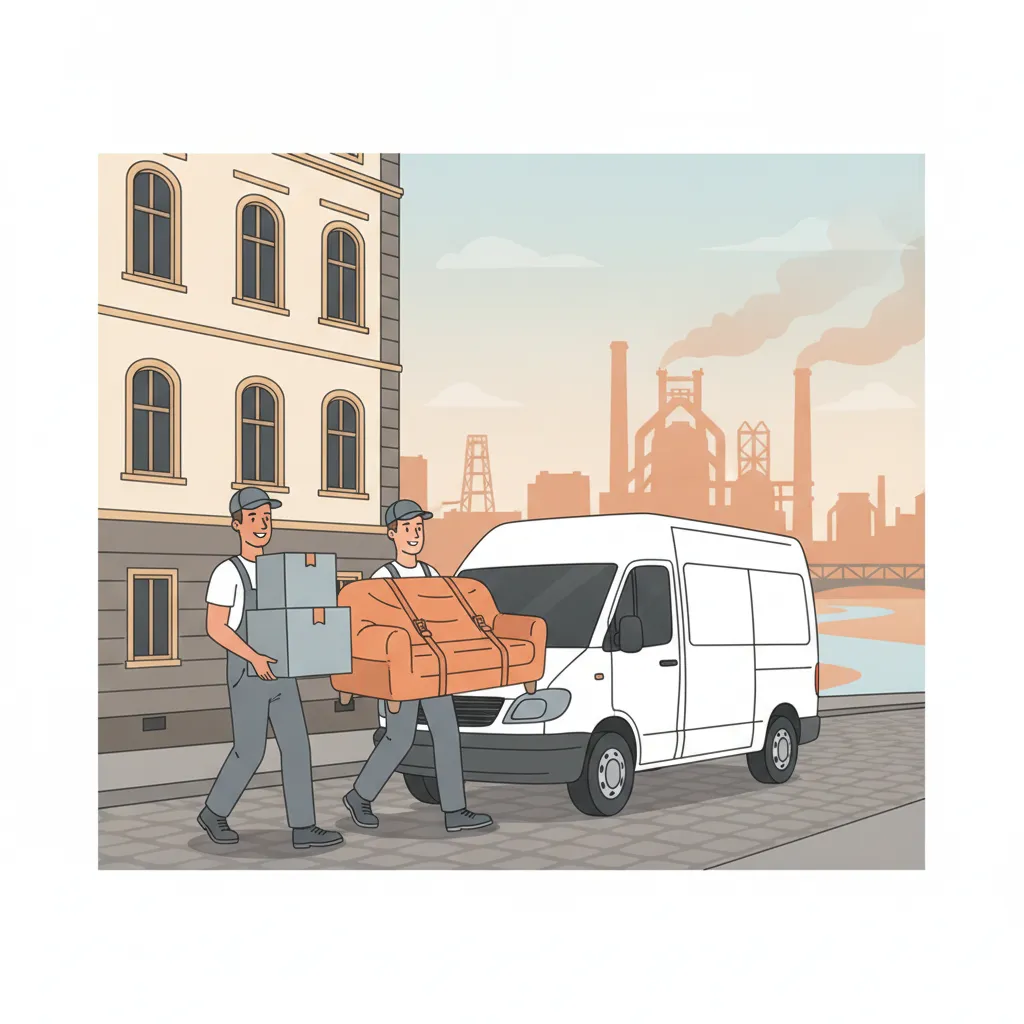 Comic-Illustration: zwei Träger verladen Umzugskartons und ein Sofa in einen geschlossenen Kastenwagen vor einem Saarbrücker Gründerzeit-Altbau, im Hintergrund die Saar und die Silhouette einer alten Hütte mit Hochofen – Umzugsunternehmen in Saarbrücken