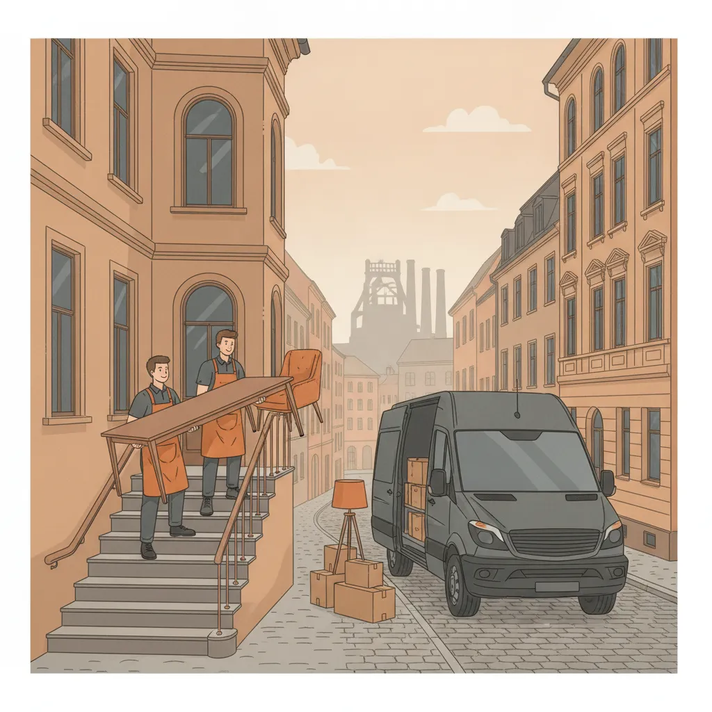 Comic-Illustration: zwei Helfer tragen einen Esstisch und gepolsterte Stühle aus einem Gründerzeit-Altbau ohne Aufzug zum Transporter, daneben sortierte Kartons mit Hausrat vor einer Saarbrücker Stadtkulisse – Wohnungsauflösung in Saarbrücken