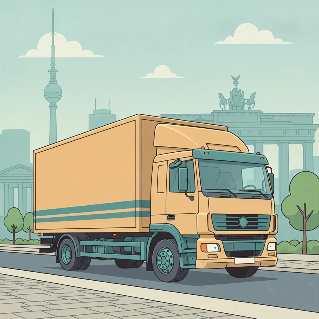 Comic-Illustration: geschlossener Umzugstransporter erreicht Berlin – Beiladung von Saarbrücken nach Berlin