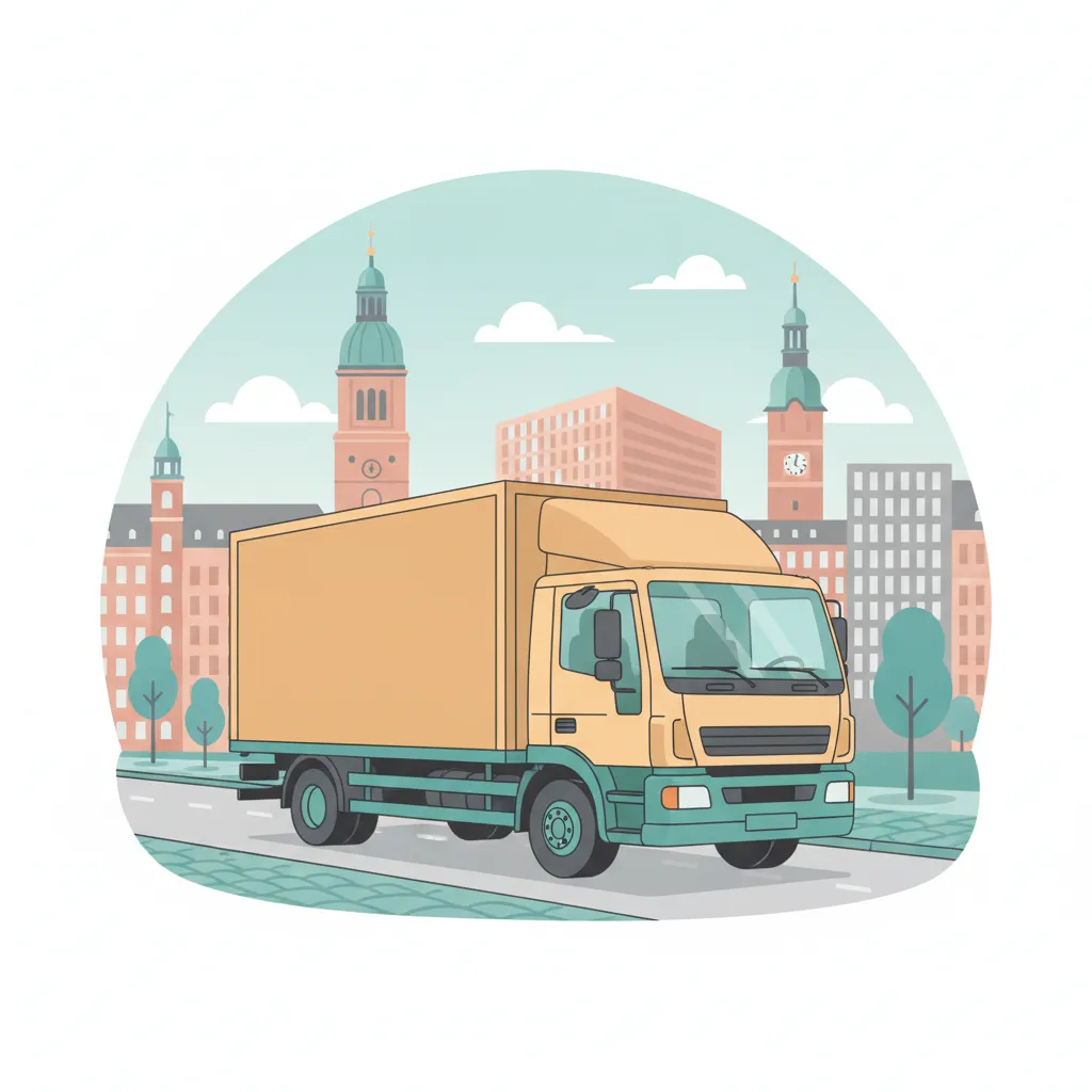 Comic-Illustration: geschlossener Umzugstransporter erreicht Hamburg – Beiladung von Saarbrücken nach Hamburg