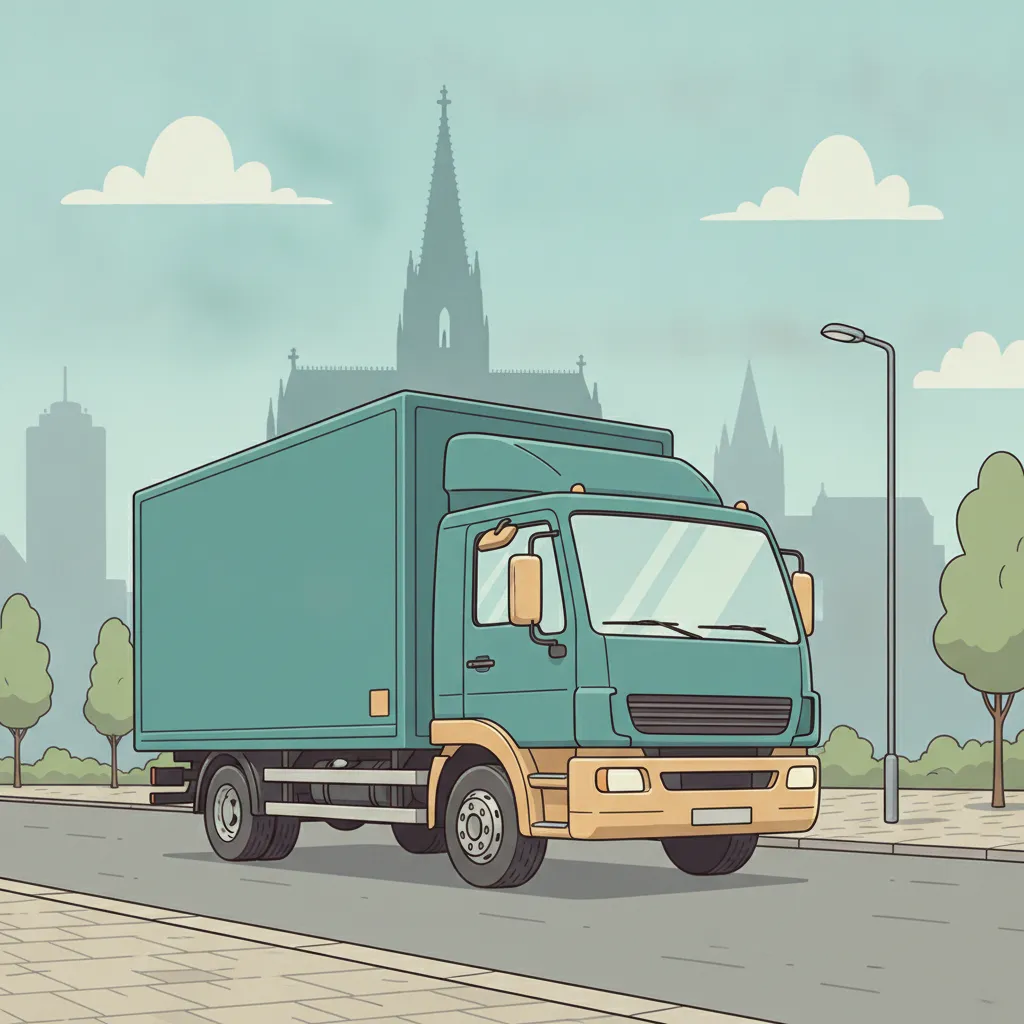 Comic-Illustration: geschlossener Umzugstransporter erreicht Köln – Beiladung von Saarbrücken nach Köln